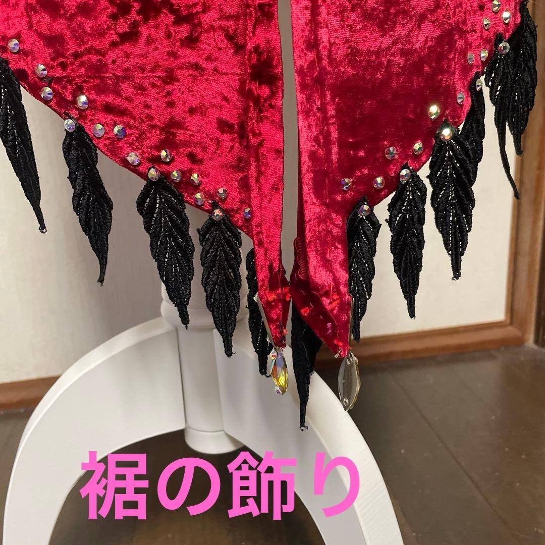 社交ダンス　日本製ラテンドレス　光沢ベロア　伸縮性　ボルドー赤　S〜M