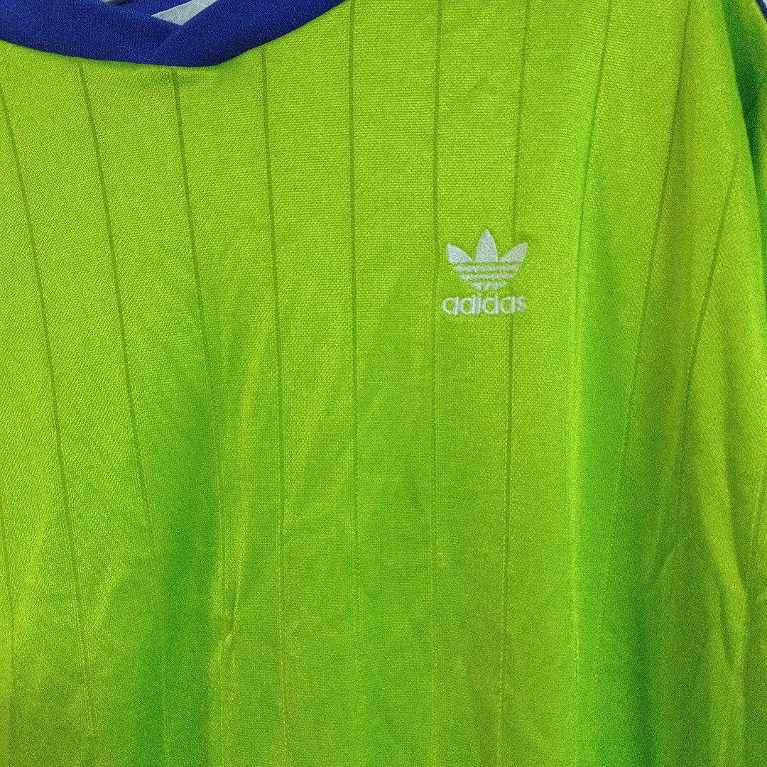 USA製　adidas 蛍光グリーン ストライプシャツ　国旗タグ　80s 90s