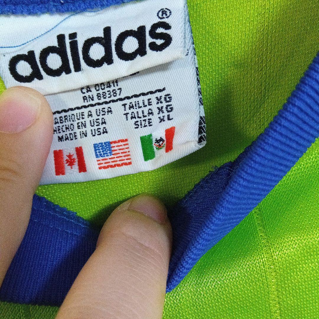USA製　adidas 蛍光グリーン ストライプシャツ　国旗タグ　80s 90s