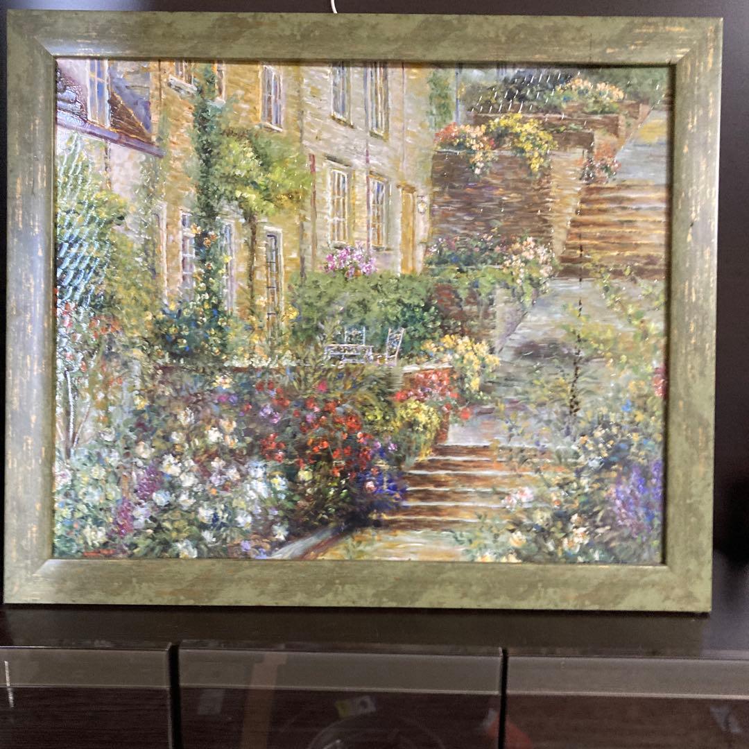 処分価格 ロンゴ パティオガーデン風景 油彩画 階段と花壇