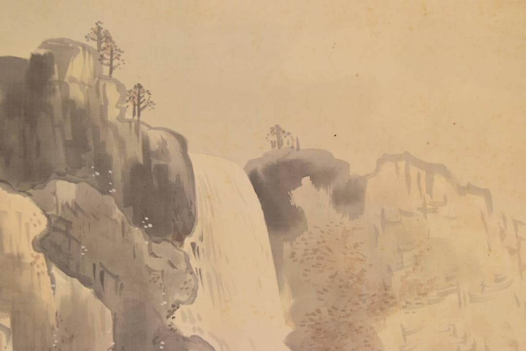 【真作】白鴎/秋景滝山水図/掛軸/名家伝来/AA-888