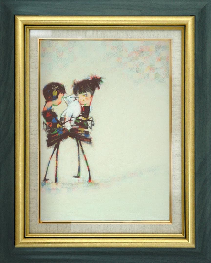 油絵 菅家令子 絵 絵画インテリア 額付(黒) F4-072619 子猫と女の子