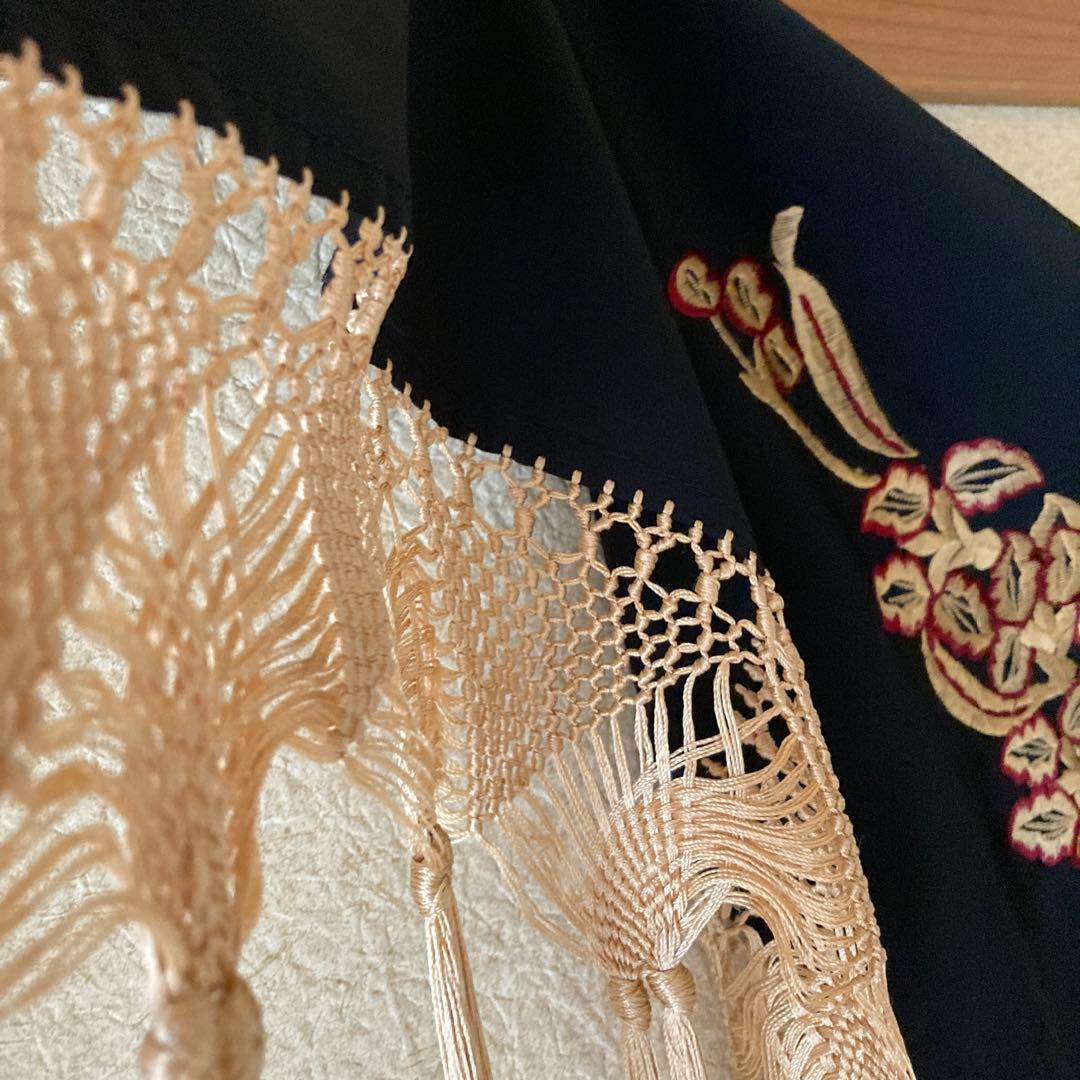 フラメンコ マントンシージョ 黒 × ゴールドベージュ 花柄刺繍 スペイン製