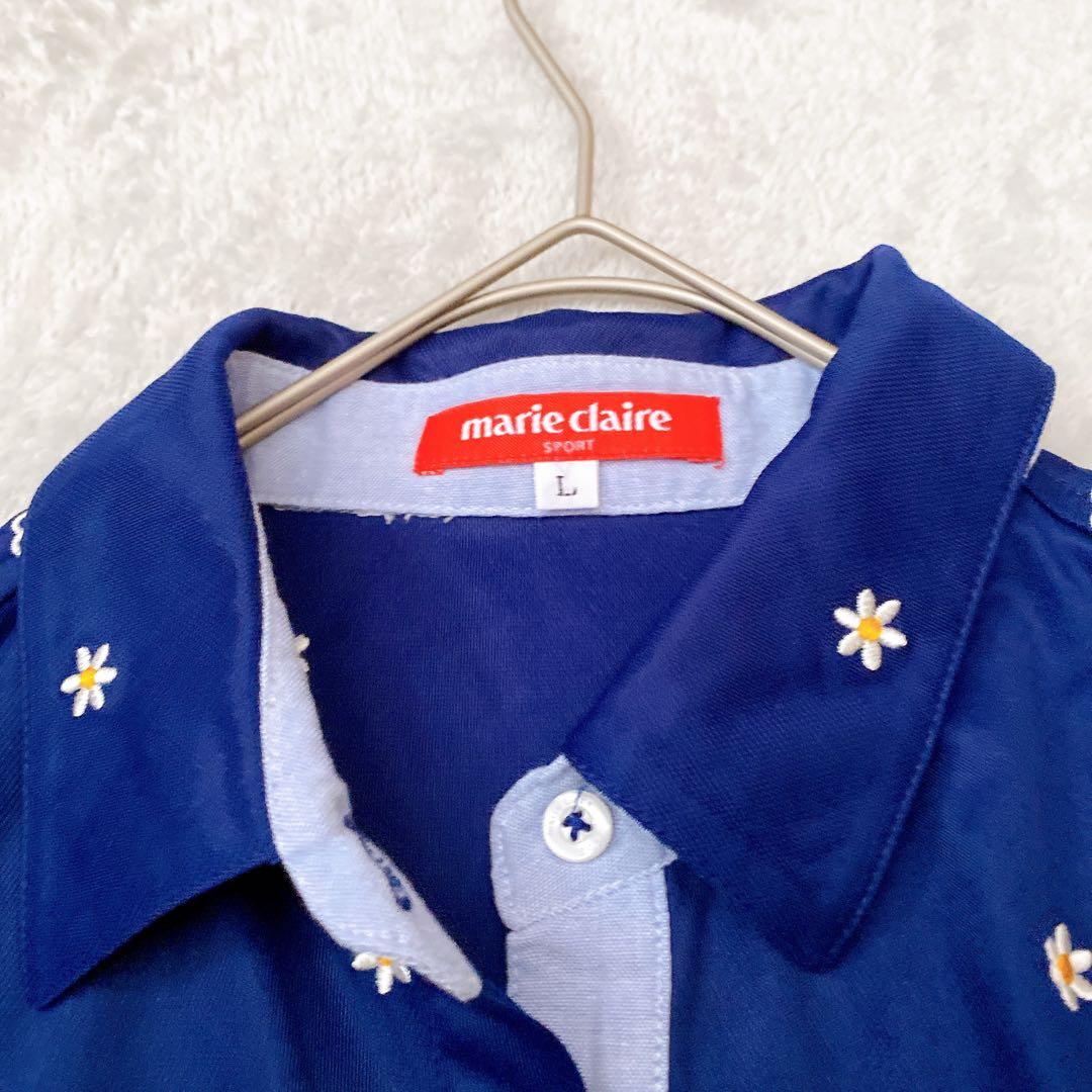 【美品】マリクレールスポール デイジー総柄ポロシャツ L ネイビー 刺繍