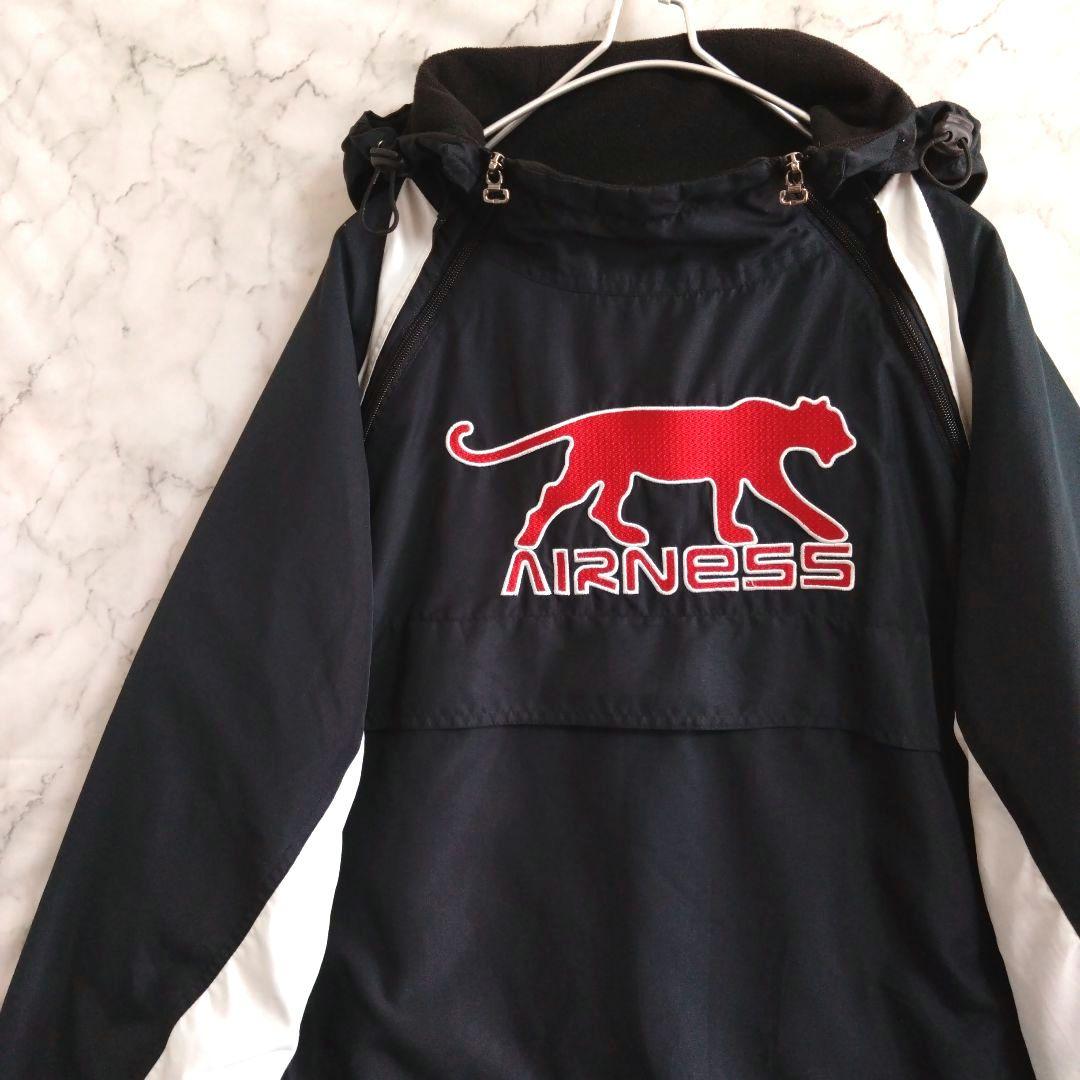 ★重14　AIRNESS　厚手プルオーバートップL　黒白赤　裏フリース　US古着
