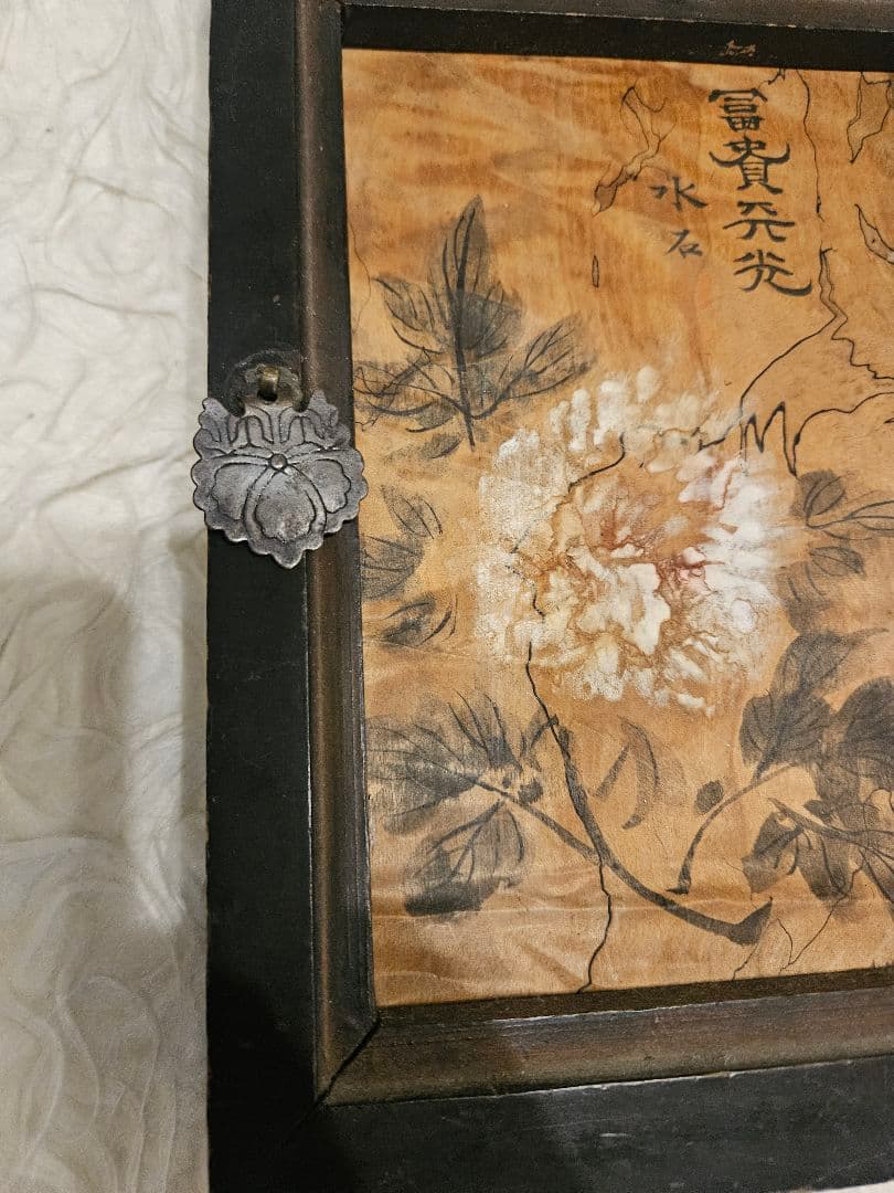 板絵「富貴花開」 牡丹図 五三桐紋金具 時代物　稀少品