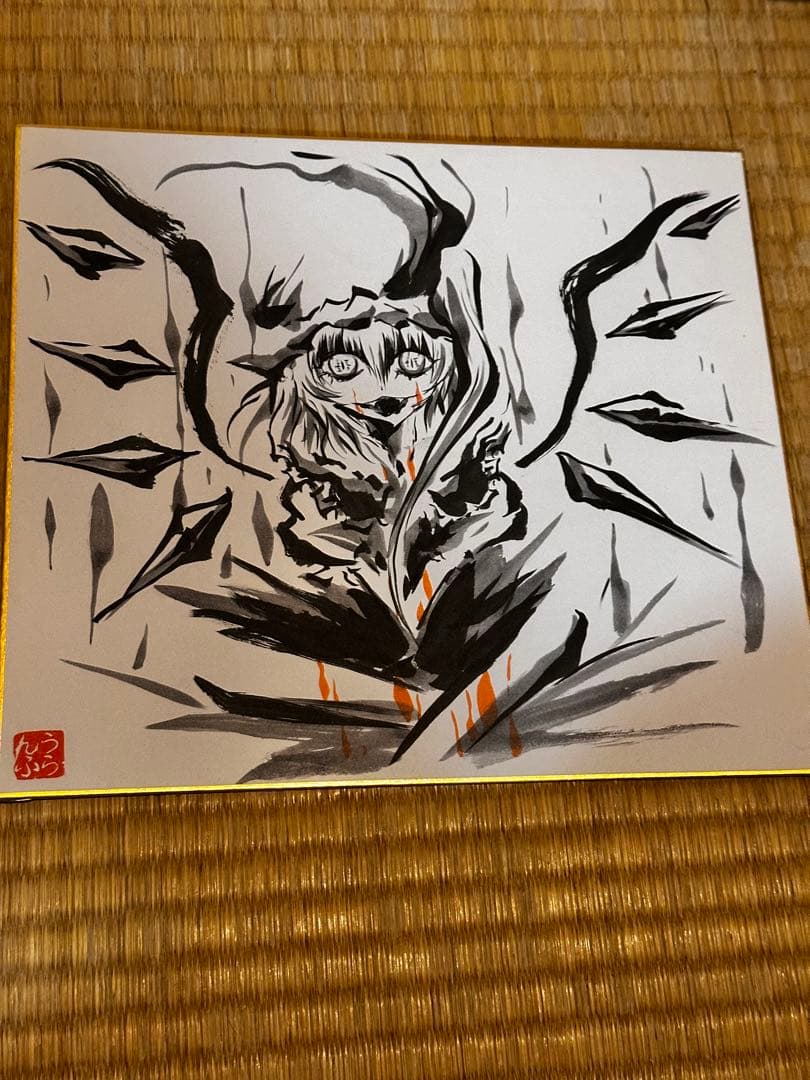 東方手書き色紙　墨絵　紅魔勢　フラン　レミリア　咲夜　パチュリー　小悪魔　美鈴