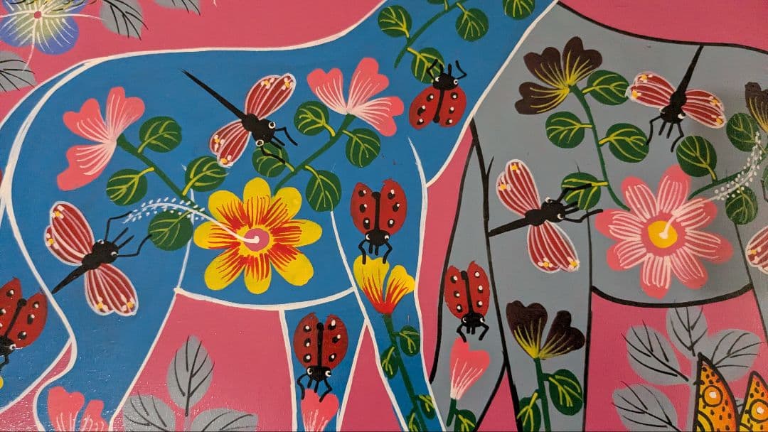 ●アフリカの絵画、ティンガティンガ、花キリン、Majidu、50×60cm