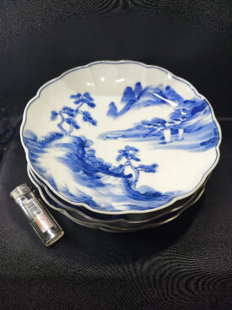 古伊万里 染付中皿 手描き 山水風景図 骨董 古美術 旧家蔵出 未使用時代物美品