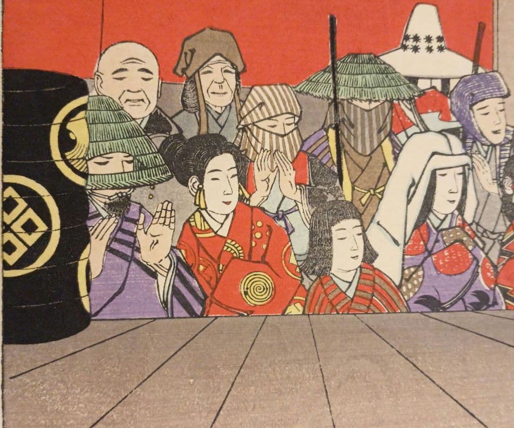 浮世絵版画、教導介志基34（阿国、越前小将)小林清親画、明治35年後摺出版