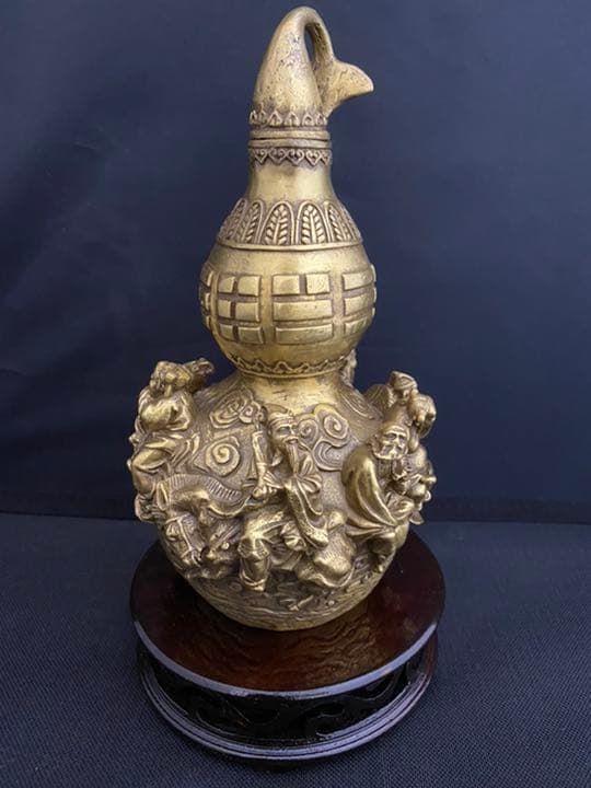 瓢箪 真鍮 台　高彫 彫刻 置物 縁起物 開運 風水 骨董 古美術 アンティーク