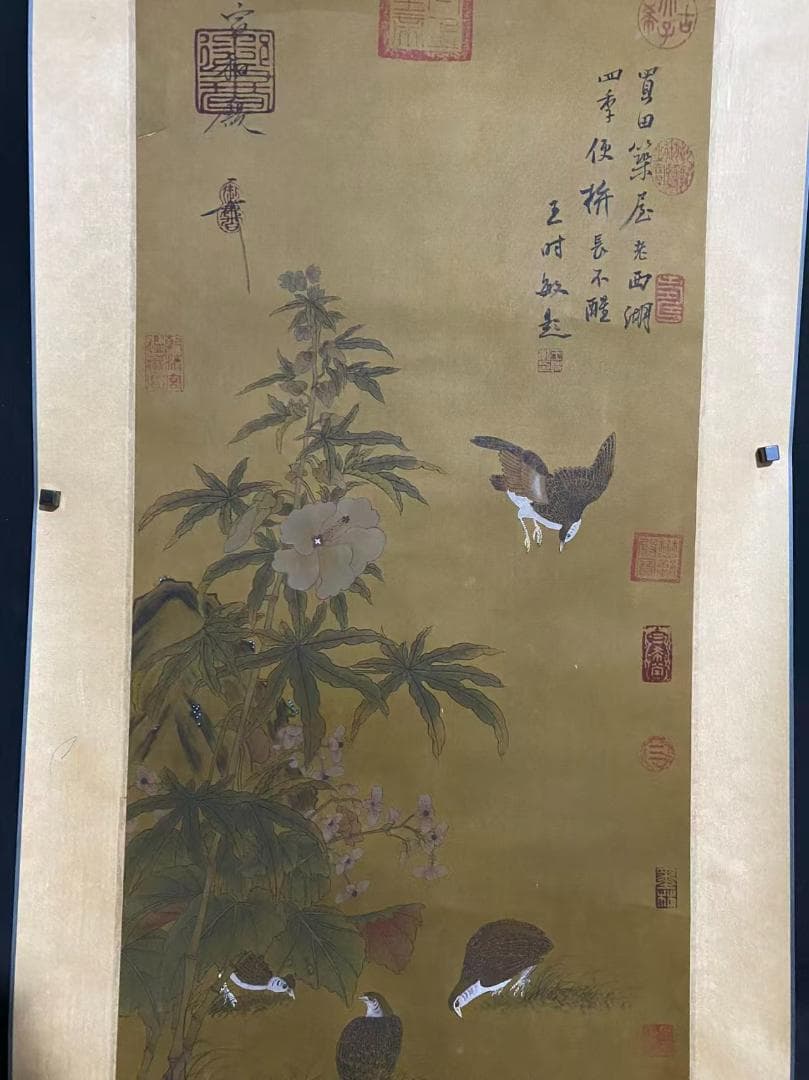 中国古美術『趙佶款 花鳥画』絹布 三尺中堂画 掛軸 表装済 旧蔵 文房置物 模写
